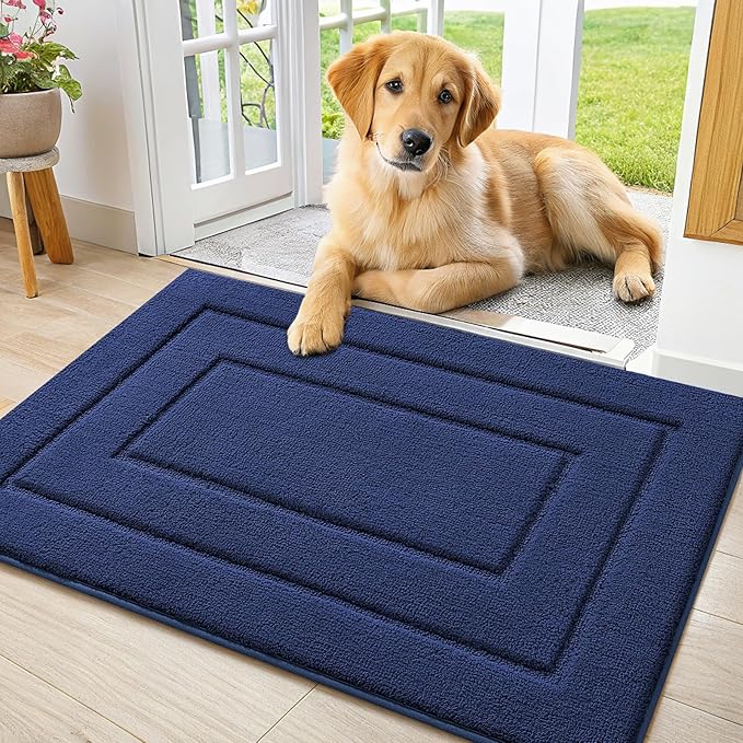 Smiry Dog Door Mat for Muddy Paws, Absorbs Moisture and Dirt, Low-Profile Entryway Mat with Non-Slip Backing, Entry Indoor Outdoor Doormat for Inside Floor (30x20 Inches, Navy Blue, Bordered) by Smiry