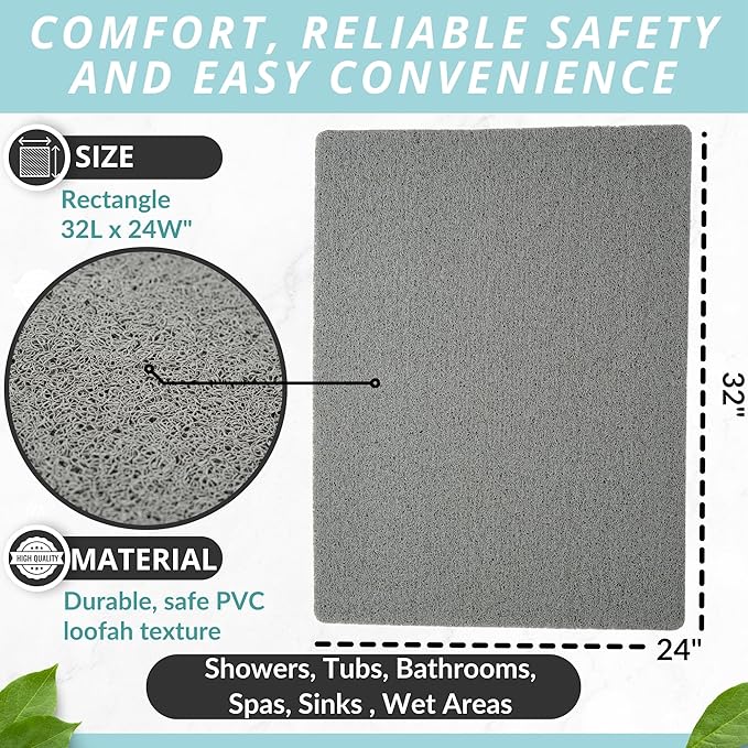 Enkosi Loofah Non-Slip Shower Mat - Shower Floors, Bathtub, Bathrooms, Wet Areas - Cushioned Bath Mat with Drain Holes - Quick Dry PVC, Secure Safety Pad Without Suction Cups (32x24 Grey) - Image 3