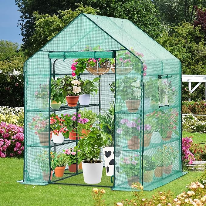 Ohuhu Greenhouse for Outdoors with Screen Windows, 57 x 57 x 76'' Walk in Plant Greenhouses Heavy Duty with Durable PE Cover, 3 Tiers 12 Shelves Stands Plastic Portable Green House with Shelf Clips - Image 7