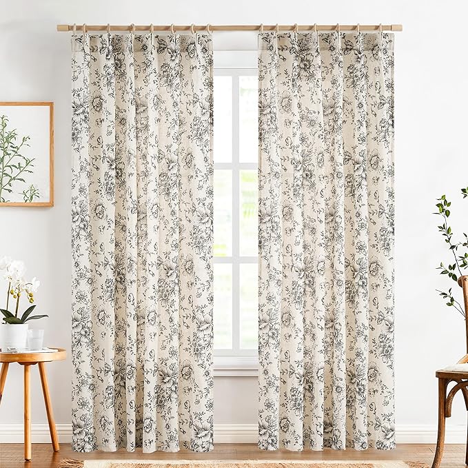 jinchan Pinch Pleated Curtains Floral Linen Blend Curtains for Living Room 84 Inches Length Black Peony Flower Printed Curtain Rod Pocket Back Tab Farmhouse Pinch Pleat Drapes with Hooks Set 2 Panels - Image 2
