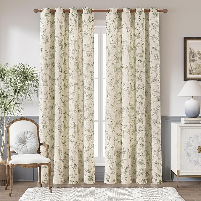 jinchan Floral Linen Curtains for Living Room 84 Inch Length Butterfly Curtain Sage Green Floral Curtains French Country Farmhouse Curtain Flower Patterned Drapes Window Treatment Set 2 Panels by JINCHAN