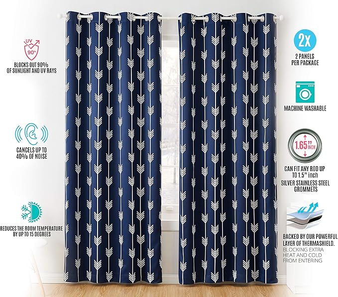 HLC.ME Arrow Printed Blackout Room Darkening Thermal Grommet Window Curtain Drape Panels for Living Room - Set of 2 - Navy Blue - 63" inch Long - Image 5