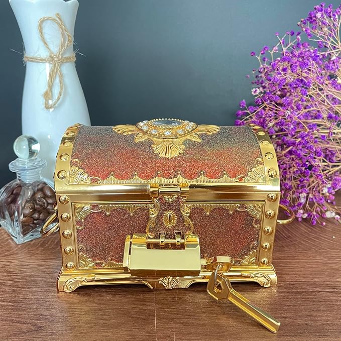 Retro Jewelry Box Arched Vintage Rectangular Metal Chest Necklace Ring Earrings Storage Case for Women Girls (Golden Starlight Red, L Lock) - Image 2