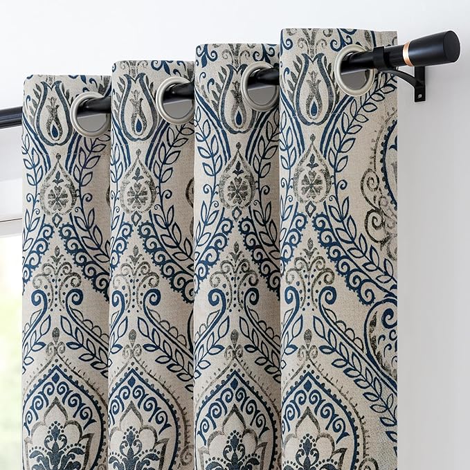 Vangao Vintage Damask Blue Curtains 84 Inch Long Blackout Curtains Linen Textured Floral Paisley Medallion Print for Bedroom Living Room Darkening Drapes Window Treatment 2 Panels Navy on Beige by Vangao