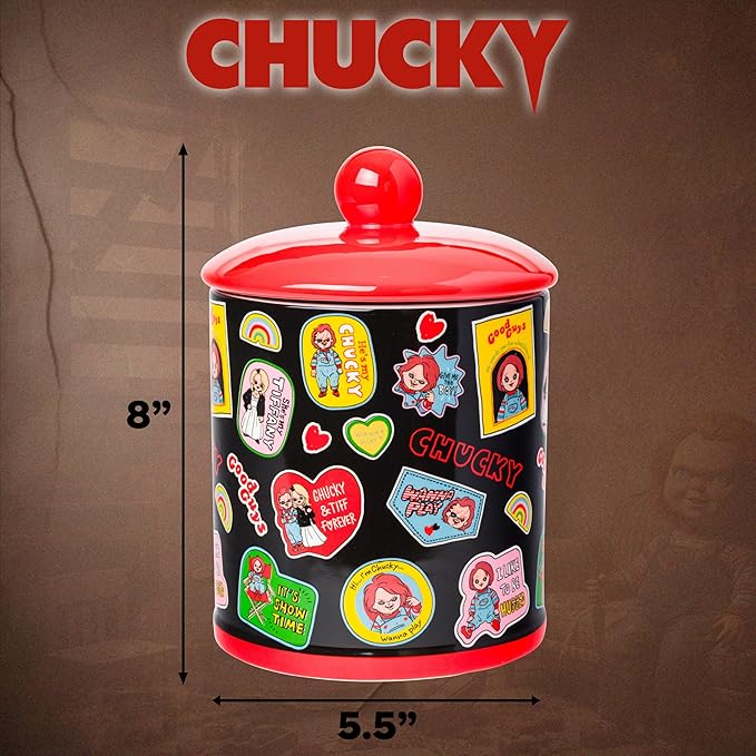 Silver Buffalo Chucky and Tiffany Sticker and Badges Pattern Ceramic Cookie Snack Jar (Large) - Image 2