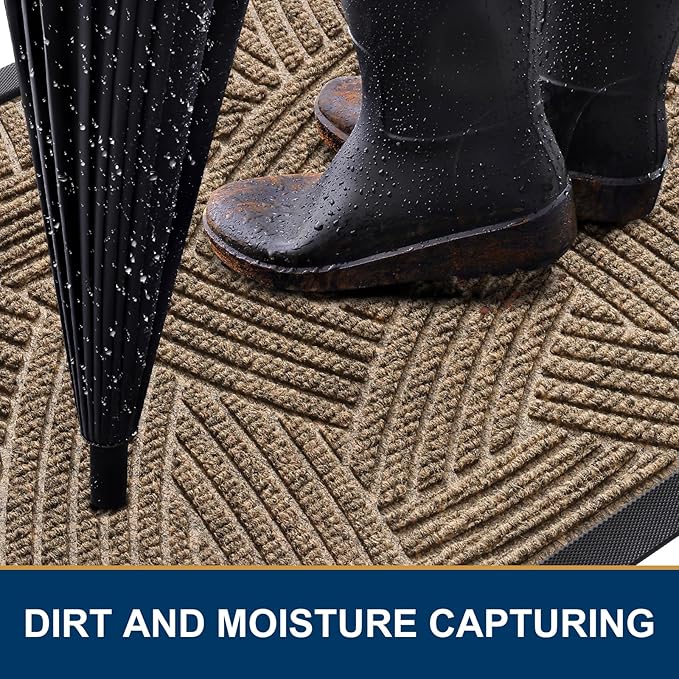 Smiry Front Door Mat Outside Entrance, Heavy Duty Sturdy Natural Rubber Doormat, Trap Dirt and Moisture, Easy Clean Low Profile Mats for Indoor Outdoor Entry, Interwoven Stripes 29.5x17, Brown - Image 3