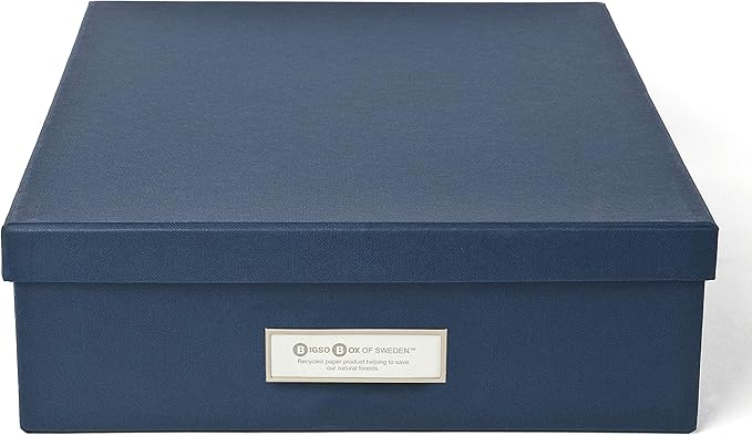 Bigso Oskar Fiberboard Label Frame Document Letter Box - File Organizer Box for Important Paperwork - Document Storage with a Lid & Metal Label Window - 3.3 in x 10.2 in x 13.8 in - Dark Blue - Image 2