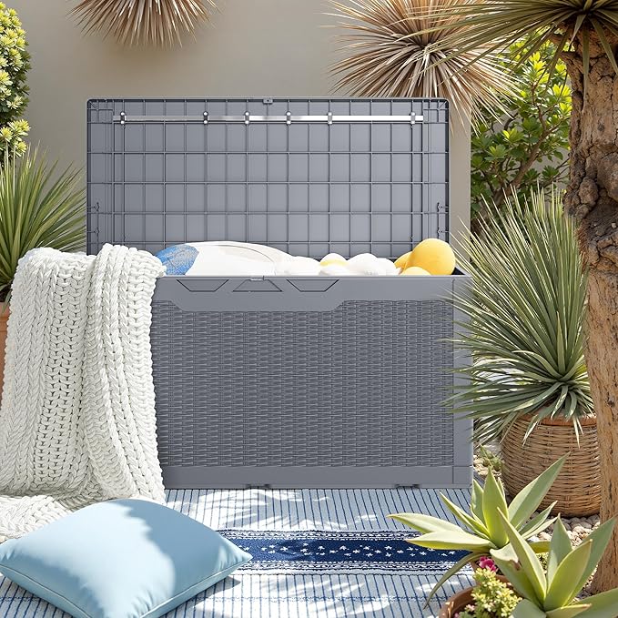JUMMICO 100 Gallon Resin Deck Box with Cushion, Waterproof Outdoor Storage Box with Lockable Lid for Garden Tools, Patio Cushions (Gray) - Image 7