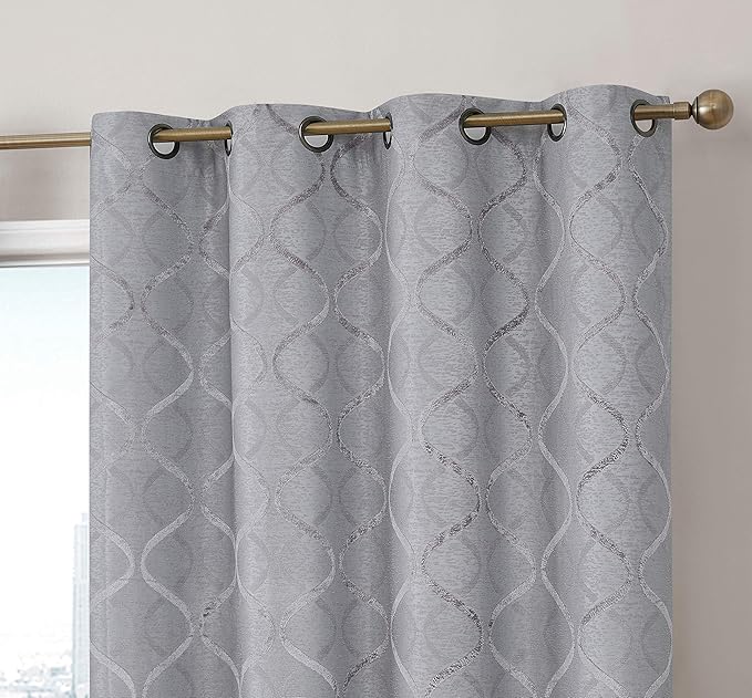 HLC.ME Versailles Lattice Flocked 100% Complete Blackout Thermal Insulated Window Curtain Grommet Panels - Energy Savings & Soundproof, For Living Room & Bedroom, Set of 2 (50 x 63 inches, Light Grey) by HomeLinenCollections