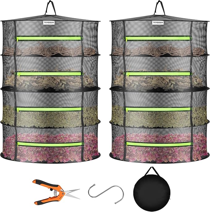 VIVOSUN 2-Pack 4-Layer Mesh Drying Rack Hanging Design with Green Zippers for Dehydrating, Indoor and Outdoor (Pruning Shears Included) by VIVOSUN