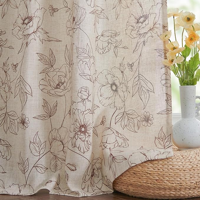 jinchan Floral Linen Curtains for Living Room 96 Inch Length Brown Flower Curtain Rod Pocket Back Tab Farmhouse Curtains with Printed Floral Bedroom Window Curtain Set, 2 Panels Brown - Image 6