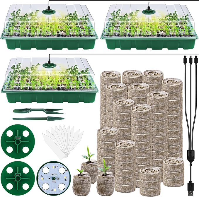 3 Pack Seed Starter Tray Kit with Grow Light Germination Trays with Humidity Dome, 120 Peat Pellets, Gardening Tools, Plant Labels, Plant Growing Trays for Seeds Growing Starting, Green by Hahood