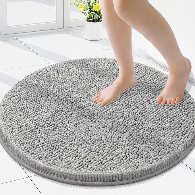 Smiry Luxury Chenille Round 24x24, Extra Soft and Absorbent Shaggy Bathroom Mat Rugs, Machine Washable, Non-Slip Plush Carpet for Tub, Shower, and Bath Room, Light Grey by Smiry