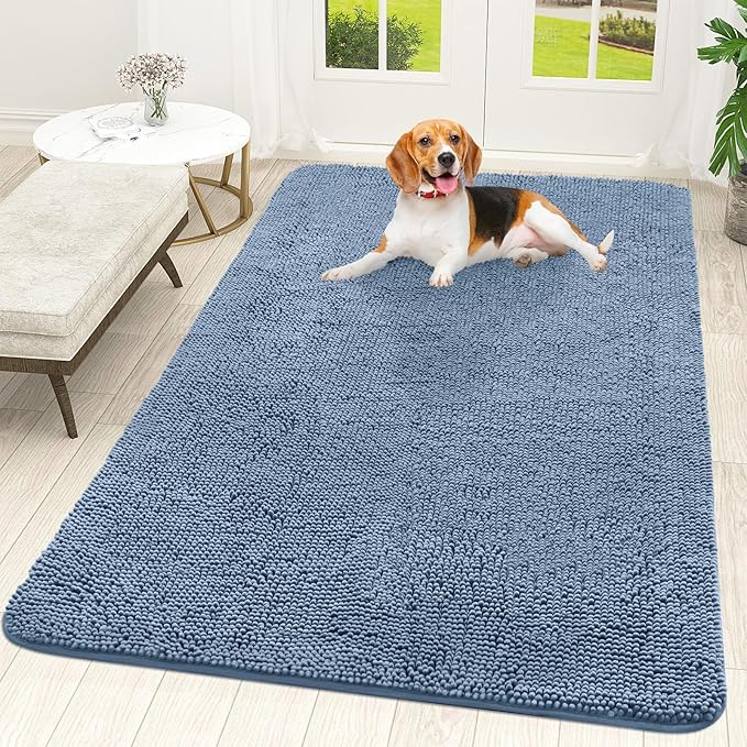 OLANLY Dog Door Mat for Muddy Paws 59x35, Absorbs Moisture and Dirt, Absorbent Non-Slip Washable Doormat, Quick Dry Chenille Mud Mat for Dogs, Entry Indoor Entryway Carpet for Inside Floor, Airy Blue by OLANLY