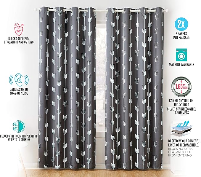 HLC.ME Arrow Printed Blackout Room Darkening Thermal Grommet Window Curtain Drape Panels for Bedroom - Set of 2 - Grey - 84" inch Long - Image 5