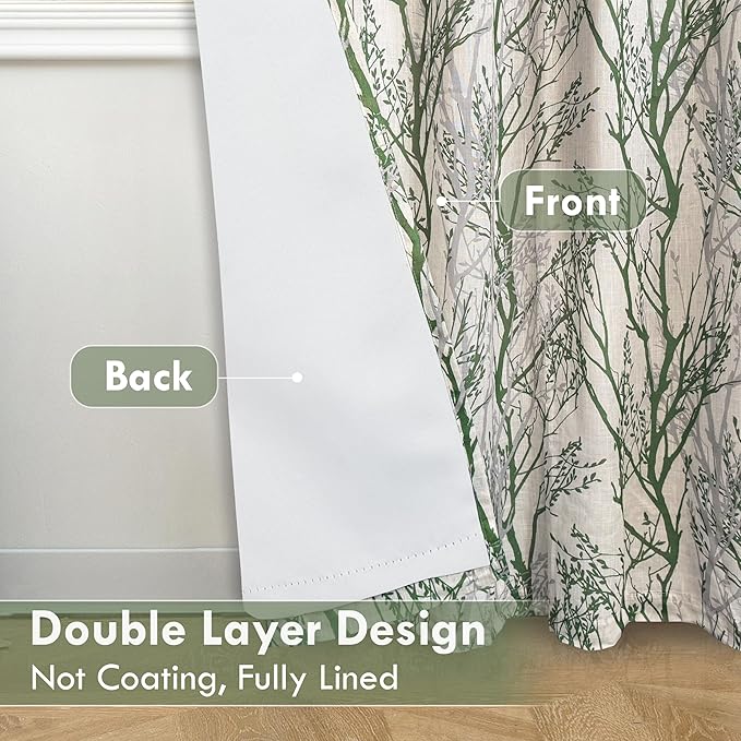 DriftAway Linen Printed Blackout Curtains Tree Branch Pattern Double Layer 90 Inches Long for Bedroom Thermal Insulated Summer Sound Lined Grommet Drapes for Living Room 2 Panels Loden Green/Linen - Image 2
