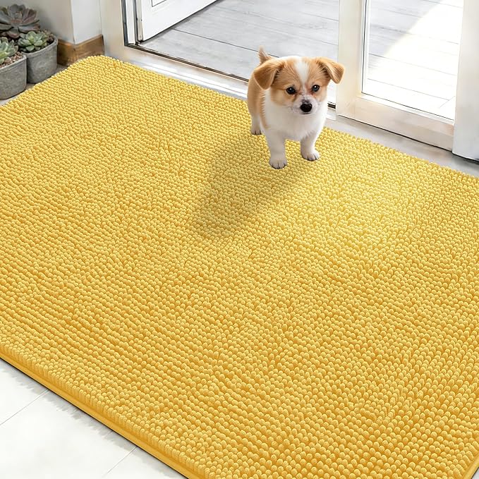 OLANLY Dog Door Mat for Muddy Paws 48x30, Absorbs Moisture and Dirt, Absorbent Non-Slip Washable Doormat, Quick Dry Chenille Mud Mat for Dogs, Entry Indoor Entryway Carpet for Inside Floor, Yellow by OLANLY