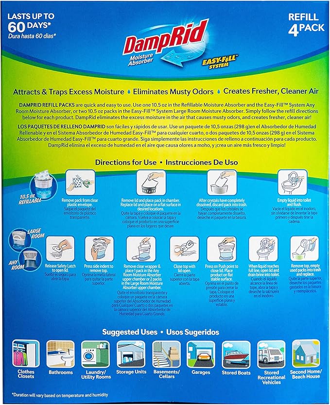 DampRid - Fragrance Free Moisture Absorber 10.5 oz. Easy Fill Refill Packs - 4 count – Attracts & Traps Moisture for Fresher, Cleaner Air - Image 3