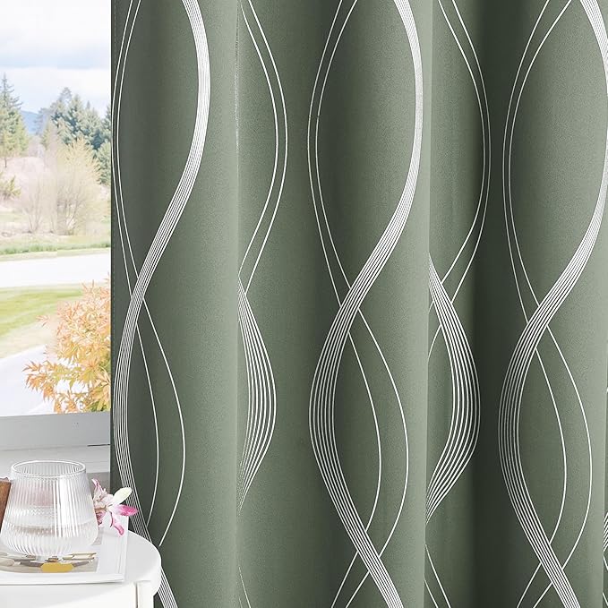 NICETOWN 100% Blackout Greyish Green Blackout Curtain Panels for Bedroom 72 inch Long, Thermal Insulated Wave Line Foil Print Design Drapes for Patio Sliding Glass Door, 52" x 72", 2 Panels - Image 6