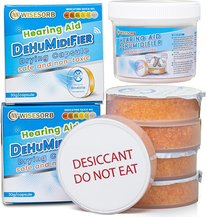 Hearing Aid Dryer, Hearing Aid Dehumidifier, Hearing Drying Jar and Dehumidifier Set (1 Container and 4pcs × 30g Capsules) by Wisesorb