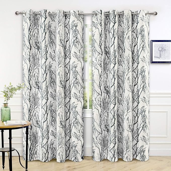 DriftAway Linen Printed Blackout Curtains Tree Branch Pattern Double Layer 84 Inches Long for Bedroom Classic Thermal Insulated Summer Sound Lined Grommet Drapes for Living Room 2 Panels Gray/Linen by DriftAway