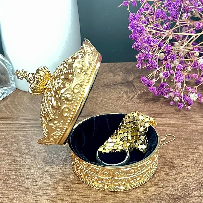 Crown Shape Jewelry Chest,Yurt Style Vintage Metal Gem Box,Round Alloy Retro Patterned Storage Case (Golden, S) - Image 3