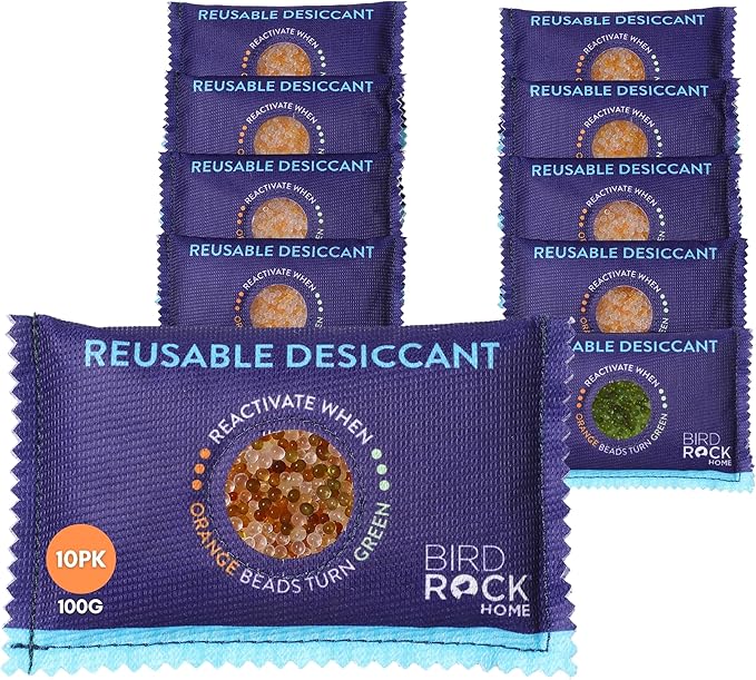 BIRDROCK HOME Reusable Desiccant Pack 100g (10-Pack) – Silica Gel Moisture Absorber & Humidity Control Packs for Electronics, Camera Bags, Gun Safes, Luggage & Storage by BIRDROCKHOME