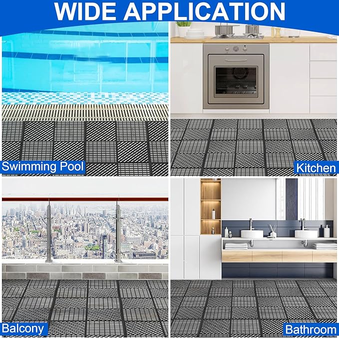 MYFAMIREA Modular Interlocking Cushion 12 Pack 11.8" x 11.8" Rubber Floor Tiles Non-Slip Splicing Drainage Mats for Deck, Pool, Shower, Patio, Balcony, Bathroom, Kitchen, Yard (Diagonal, Black) - Image 7