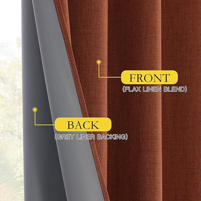 NICETOWN 100% Absolutely Blackout Linen Curtains with Thermal Insulated Liner, 62" Wide, 2 Panels, 84" Long Drapes, Grommet Retro Burnt Orange Linen Curtains Vertical Drapes Privacy for Bedroom - Image 7