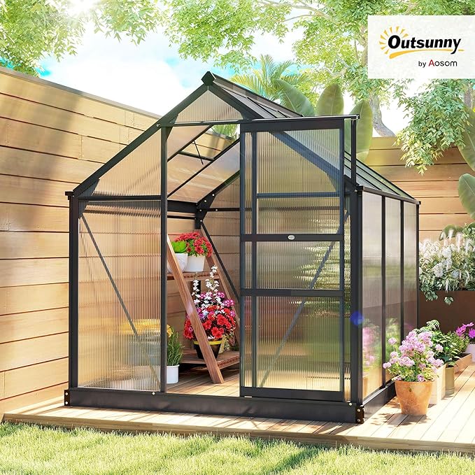 Outsunny 6' x 6' Greenhouse for Outdoors, Polycarbonate Greenhouse with Rain Gutter and Roof Vent, Aluminum Walk-in Green Houses for Outside for Patio Backyard Garden, Gray - Image 2