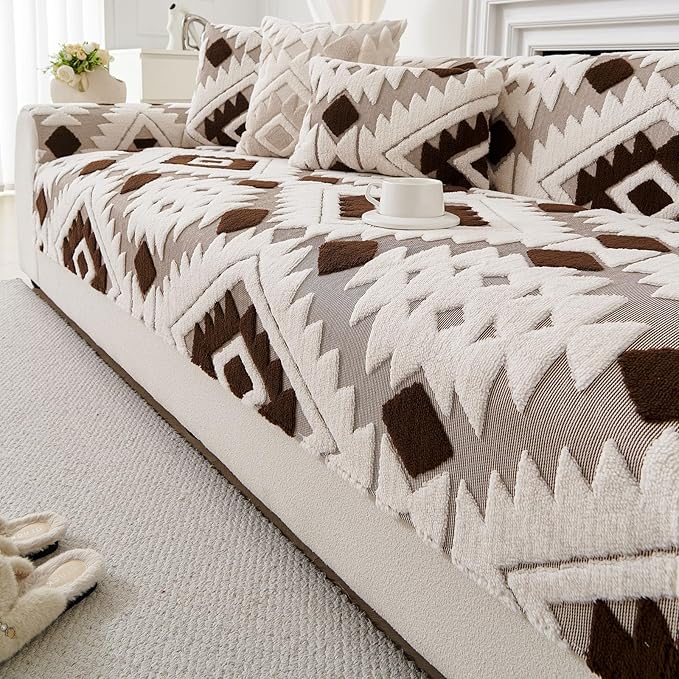 Boho Plush Couch Covers for Sofa Washable, Fuzzy Soft Couch Cover for Sectional Sofa, Non Slip Jacquard Sofa Cover Furniture Protector for Kids, Pets (Dark Coffee,43"x94") by WelcometoXSlive