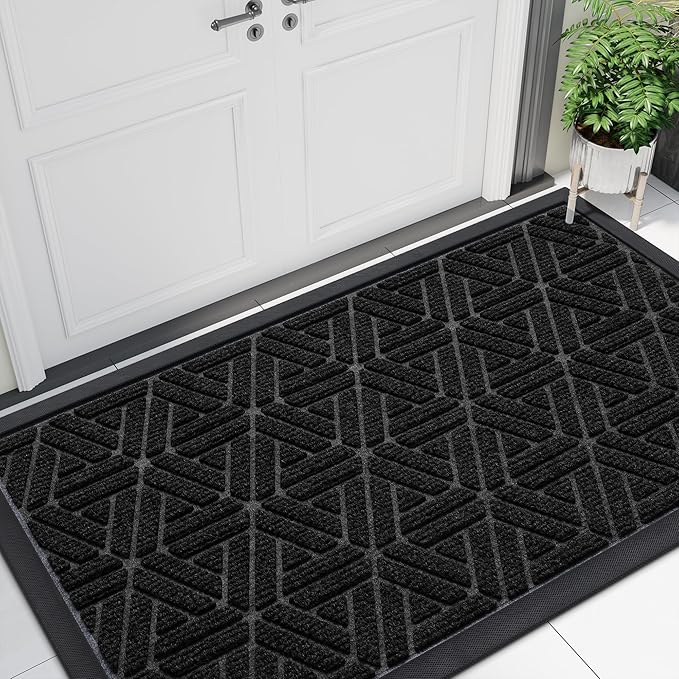 Smiry Front Door Mat Outside Entrance, Heavy Duty Sturdy Natural Rubber Doormat, Trap Dirt and Moisture, Easy Clean Low Profile Mats for Indoor Outdoor Entry, Grid Geometric (47x23, Black) by Smiry