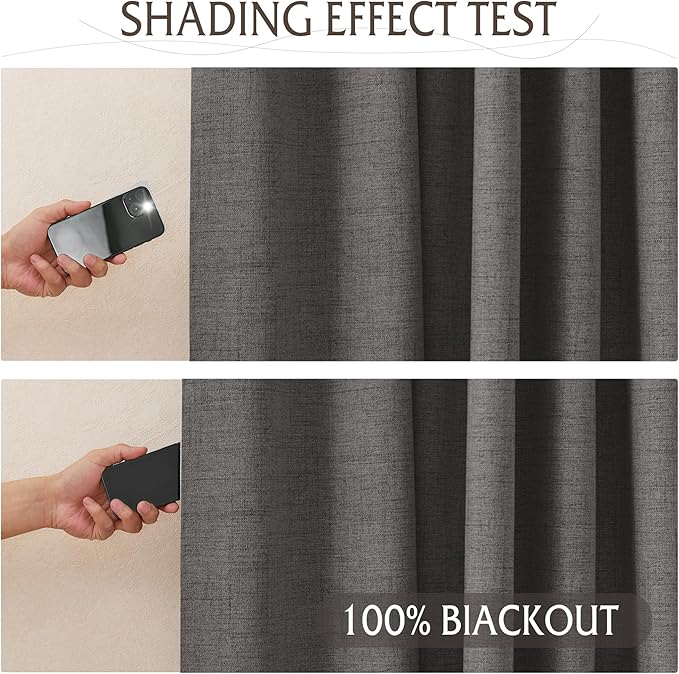 RYB HOME 100% Blackout Linen Textured Curtains 96 inches Long, Thermal Insulating Privacy Energy Saving for Bedroom Living Room Window Office Theater Baby Nursery, W 52 x L 96 in, Grey, 2 Panels - Image 5