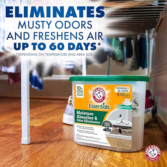 Arm & Hammer Essentials Disposable Moisture Absorber and Odor Eliminator Tub, Linen Fresh, 1 lb., 3-Pack, Attracts and Traps Excess Moisture, Ideal Closet Non-Electric Dehumidifier - Image 2