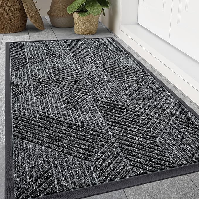 Smiry Front Door Mat Outside Entrance, Heavy Duty Sturdy Natural Rubber Doormat, Trap Dirt and Moisture, Easy Clean Low Profile Mats for Indoor Outdoor Entry, Irregular Triangle (47x17, Grey) by Smiry