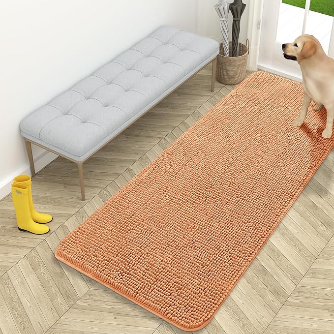 OLANLY Dog Door Mat for Muddy Paws 59x24, Absorbs Moisture and Dirt, Absorbent Non-Slip Washable Doormat, Quick Dry Chenille Mud Mat for Dogs, Entry Indoor Entryway Carpet for Inside Floor, Orange by OLANLY