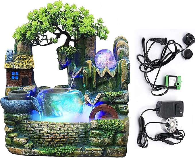 Tabletop Waterfall Fountain Humidifier with LED Light and Atomizer, Water Fountains Indoor Home Decor or est Festival Birthday Surprise for Boys, 14 Inch Desktop Small Mini Bonsai by kunghei