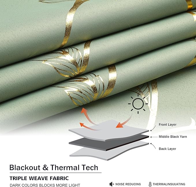 BUHUA Blackout Curtains Gold Foil Print Flower Vine Grommet Drapes, Room Darkening Thermal Insulated Curtains, Noise Reducing Curtain for Bedroom, Sage Green, 52Wx96L, 2 Panels - Image 7