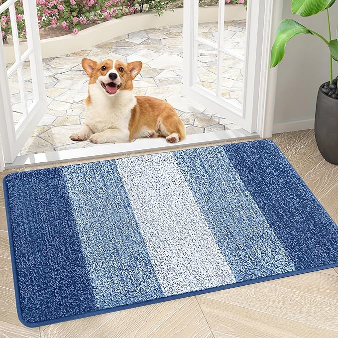 Smiry Dog Door Mat for Muddy Paws, Absorbs Moisture and Dirt, Low-Profile Entryway Mat with Non-Slip Backing, Entry Indoor Outdoor Doormat for Inside Floor (30x17 Inches, Navy Blue, Striped) by Smiry