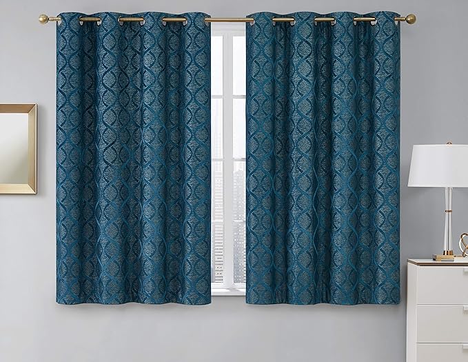 HLC.ME Versailles Lattice Flocked 100% Complete Blackout Thermal Insulated Window Curtain Grommet Panels - Energy Savings & Soundproof, for Living Room & Bedroom, Set of 2 (50 x 63 inches, Teal Blue) - Image 2