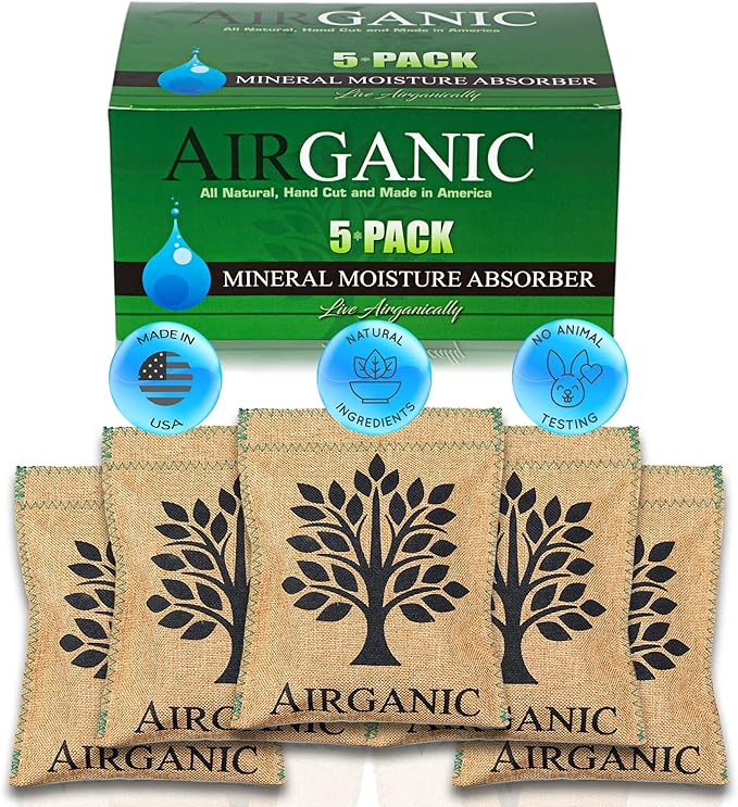 Natural Moisture Absorber Dehumidifier Bags (5-Pack) – Plant & Mineral Desiccant Pouches for Closet, Car, Gun Safe, RV, Bathroom – Reusable Mini Humidity & Odor Control by Airganic