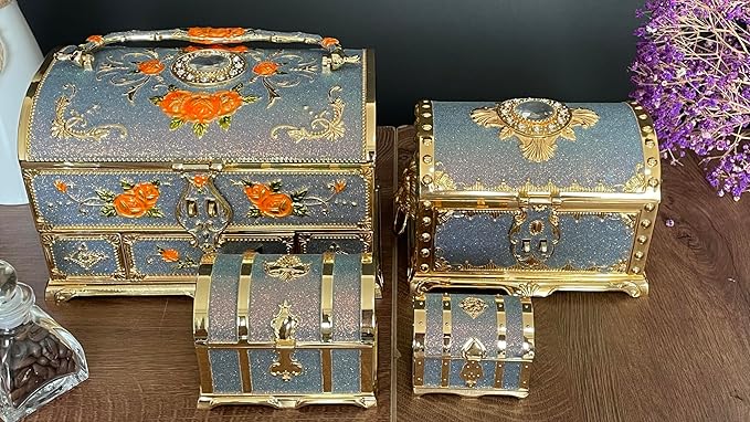 Retro Jewelry Box Arched Vintage Rectangular Metal Chest Necklace Ring Earrings Storage Case for Women Girls (Golden Starlight Blue-purple, XL Lock) - Image 6