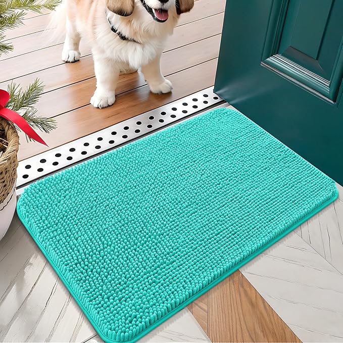 OLANLY Dog Door Mat for Muddy Paws 24x16, Absorbs Moisture and Dirt, Absorbent Non-Slip Washable Doormat, Quick Dry Chenille Mud Mat for Dogs, Entry Indoor Entryway Carpet for Inside Floor, Teal by OLANLY