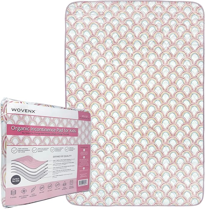 Organic Incontinence Pads for Kids & Toddlers - 5 Layer Waterproof Protectors for Overnight Bed Wetting - Reusable & Washable Pee Pads - Fits Twin to Full Size Beds - 34" x 52" Rainbow - Image 8