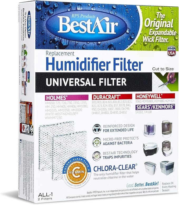 BestAir ALL-1-PDQ-5 Universal Extended Life Humidifier Replacement Paper Wick Filter, For Duracraft Humidifiers, 7.2" x 9.6" x 1.9", Single Pack (2 Filters) by FreudenbergFiltrationTechnologies