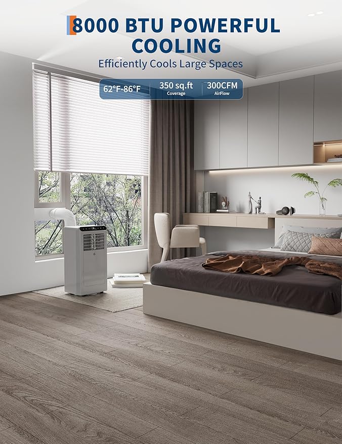 8000 BTU Portable Air Conditioners, 3 in-1 Portable AC Unit with Dehumidifier, Quiet Air Conditioner for Bedrooms and Offices up to 350 Sq.Ft, Remote Control & 24H Timer, Grey & Black - Image 4