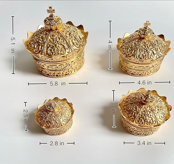 Crown Shape Jewelry Chest,Yurt Style Vintage Metal Gem Box,Round Alloy Retro Patterned Storage Case (Golden, M) - Image 4