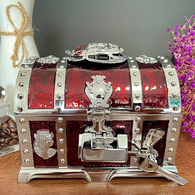 Retro Jewelry Box Arched Vintage Rectangular Metal Chest Necklace Ring Earrings Storage Case for Women Girls (Chrome Transparent Red, L Lock) - Image 2