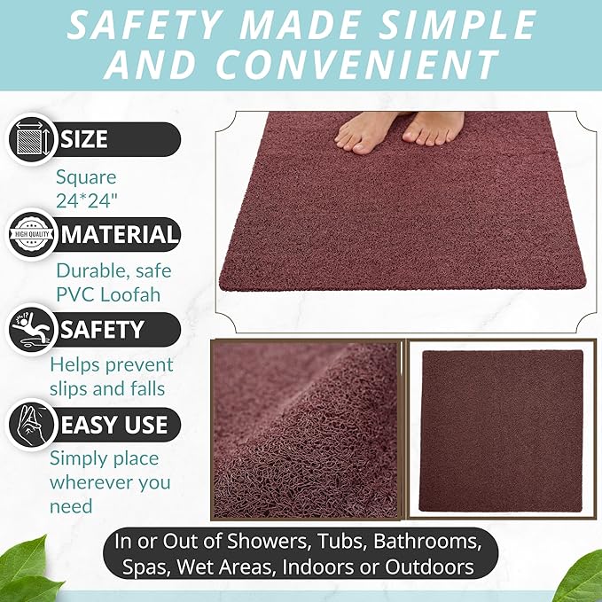Enkosi Loofah Shower Mat Non-Slip - Anti-Slip Bath Mat for Inside Showers, Tub, Bathtub, Bathroom - Quick Dry PVC with Drain Holes - Cushioned Safety Grip - Secure for Kids and Elderly (Brown 24x24) - Image 3