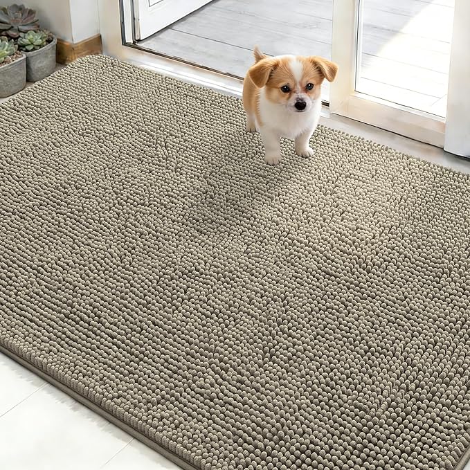 OLANLY Dog Door Mat for Muddy Paws 48x30, Absorbs Moisture and Dirt, Absorbent Non-Slip Washable Doormat, Quick Dry Chenille Mud Mat, Entry Indoor Entryway Carpet for Inside Floor, Warm Taupe by OLANLY